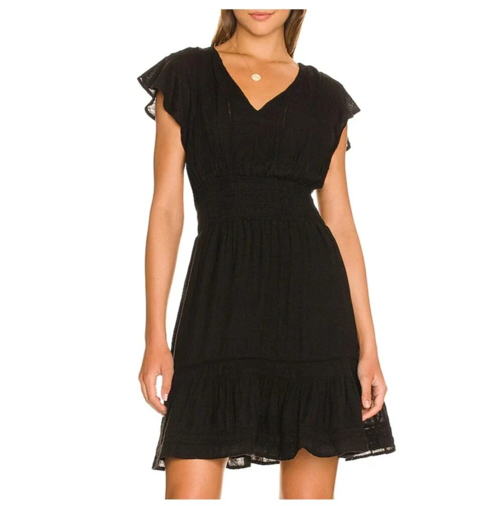 RAILS | Tara Black Linen Blend Flutter Sleeve Tiered Skirt Dress | Medium